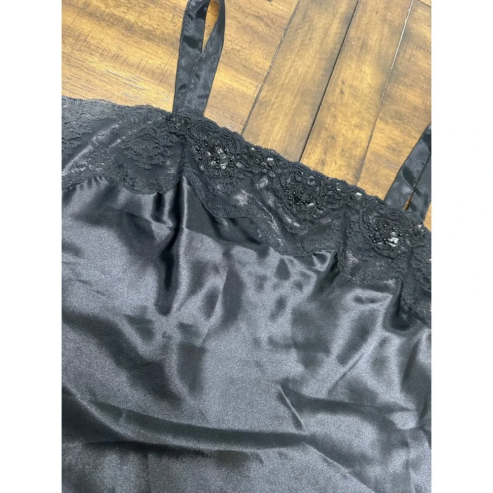 Escapades Vintage Black Satin Lace Beaded Camisole Top Women's Large USA Made - Picture 2 of 8